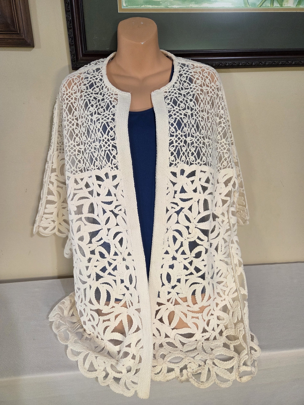 Per Se By Carlisle Lace Openwork Cream Coverup Kimono Cardigan Size Large